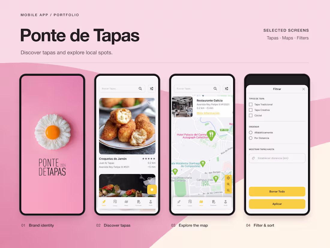 Ponte de Tapas mobile app screen collection with pink branding and yellow accents