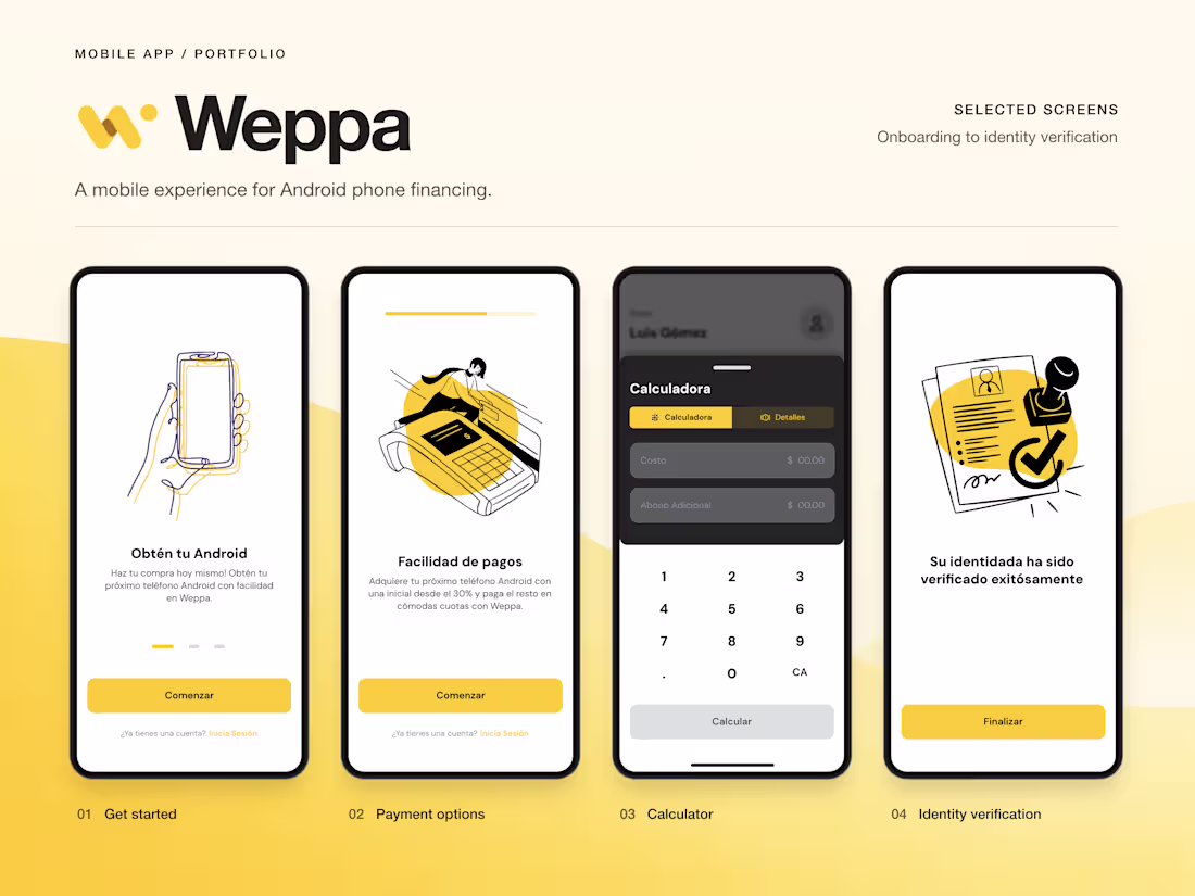 Weppa mobile app screens with a yellow, black and white visual system